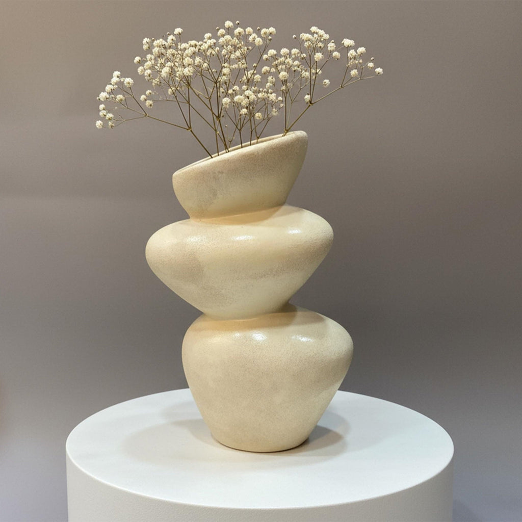 Handcrafted 30cm amber ceramic vase from Cappadocia with an organic tiered sculptural form for Wabi-Sabi interior design.