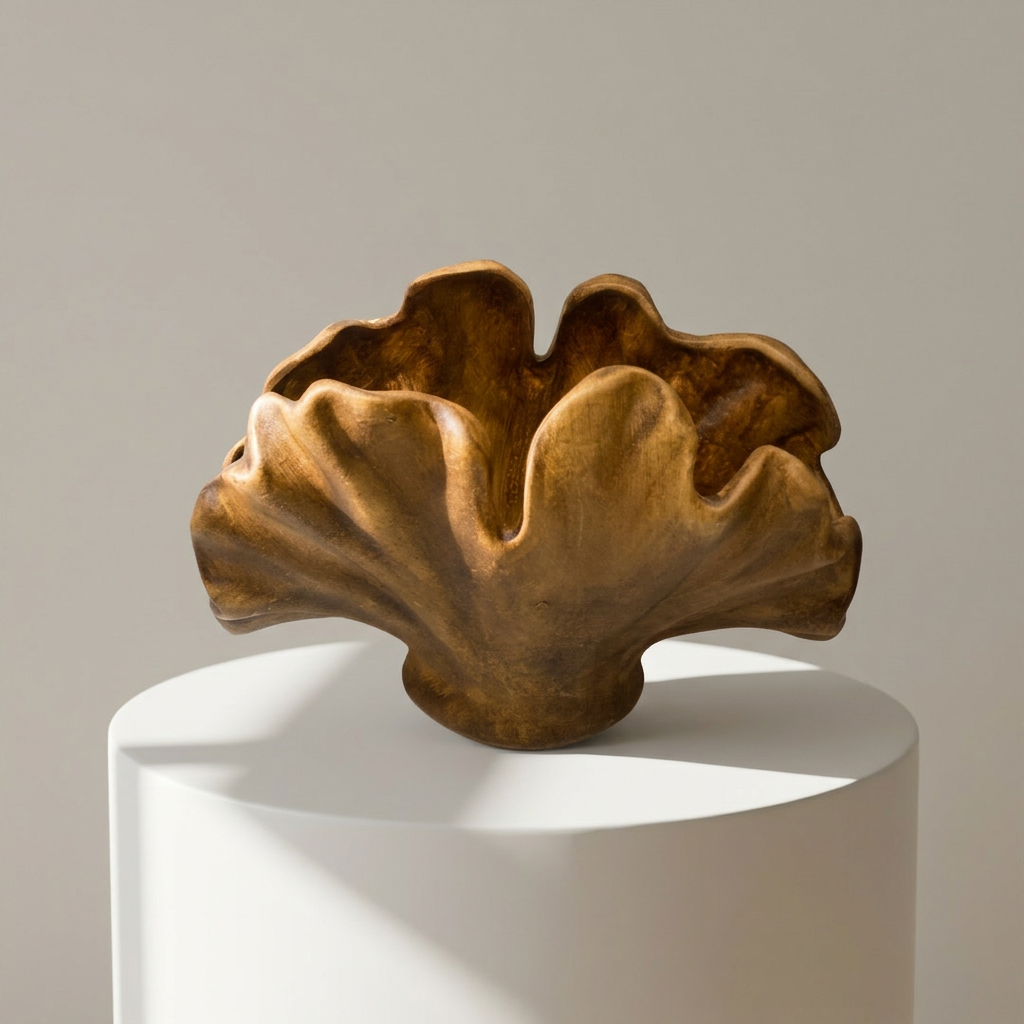 9-inch wide handcrafted amber ceramic vase with organic wave edges, Wabi-Sabi sculptural decor by Decoriento.