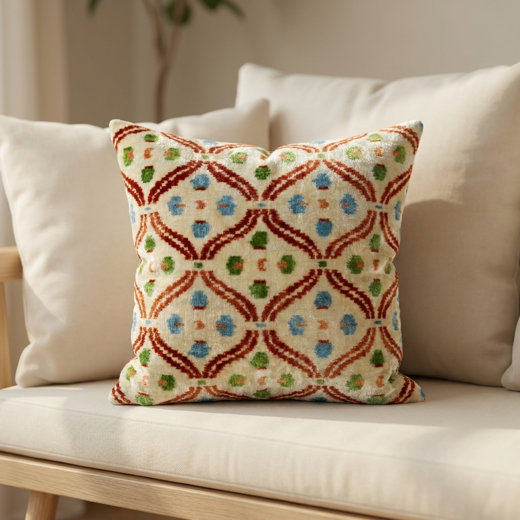 Handmade Boho Ikat Patterned Pillow Cover,Terracotta, Blue and Olive Green Accents