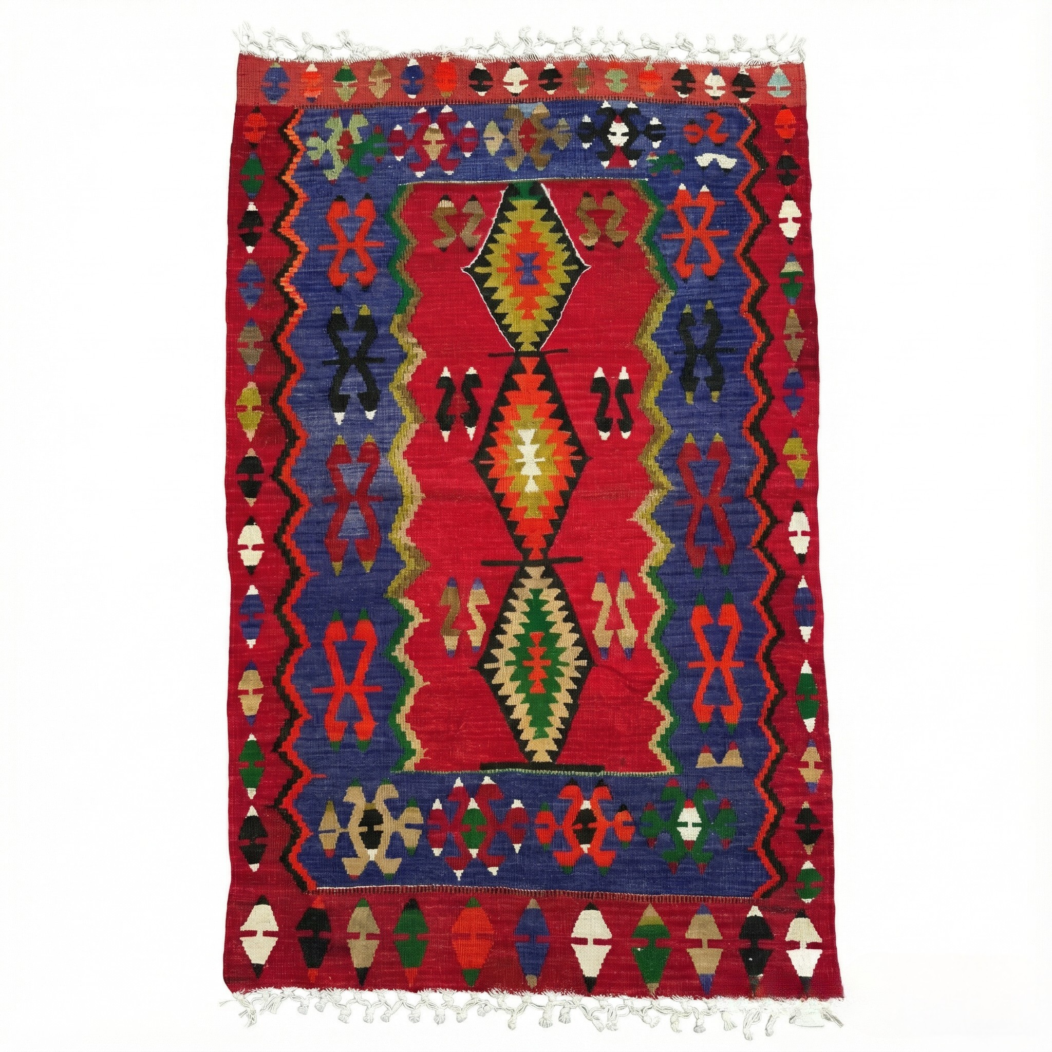 Vintage handwoven Turkish Afyon kilim rug featuring a bold red central field with three large geometric diamond medallions. The dark blue borders contain the traditional "Saç Bağı" (hair ornament) bridal motifs. Colorful accents in green, orange, and white.